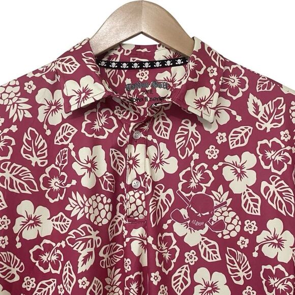 Tattoo Golf Mens 2XL Aloha ProCool Polo Shirt Floral Skull Burgundy/Pink Cream - Picture 2 of 12